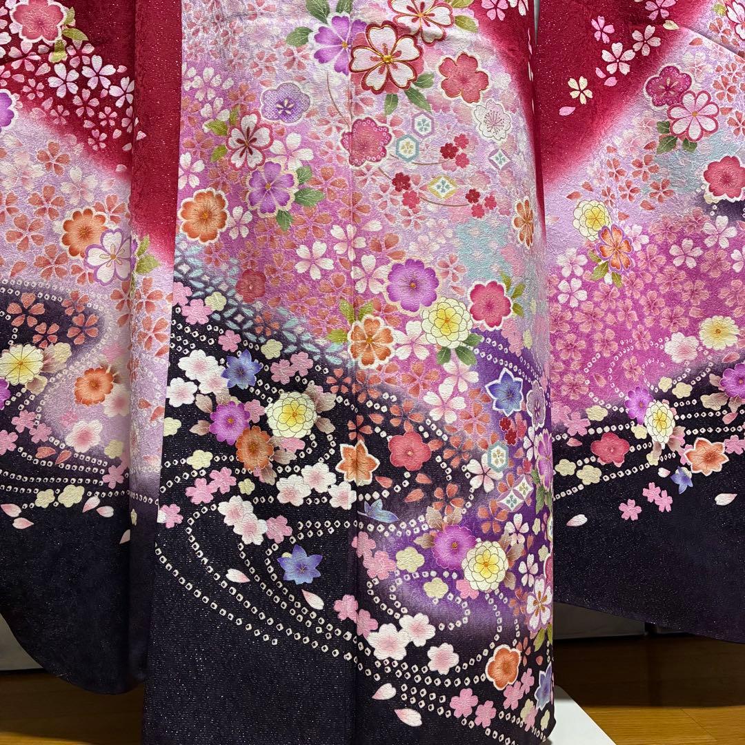 【振袖フルセット】+小物セット 豪華百花文様 深紅 銀糸 7点セット