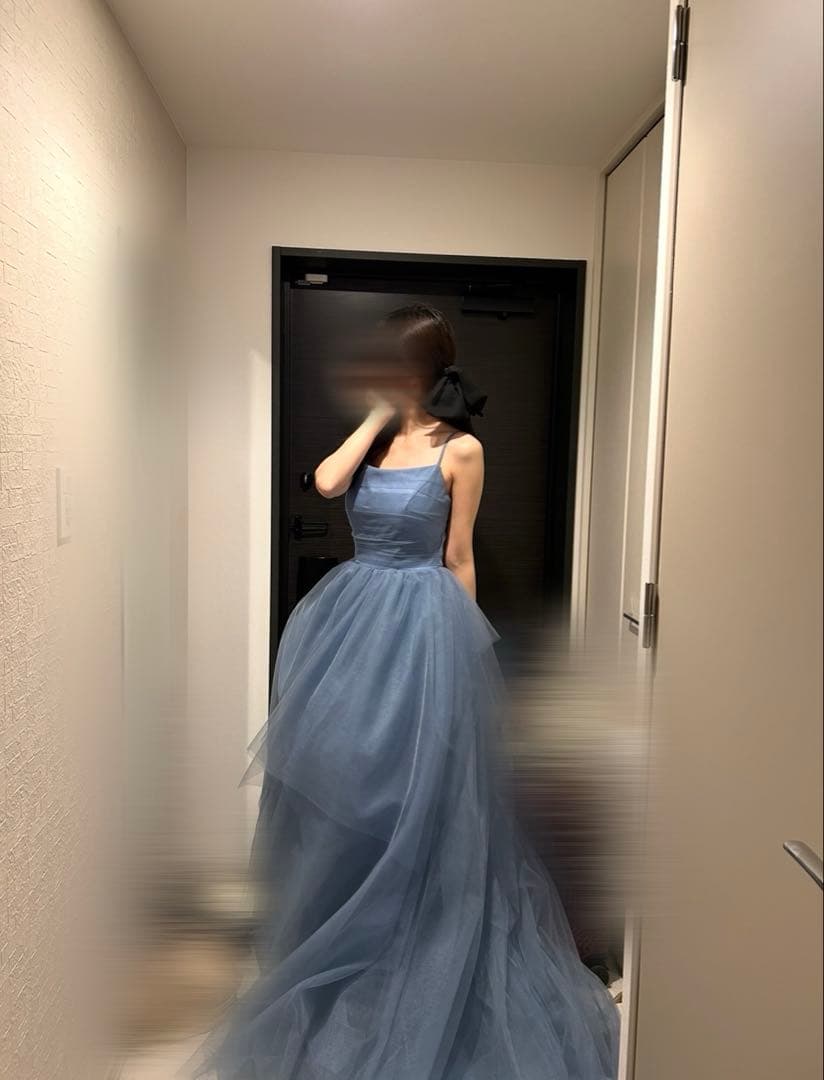 【美品】カラードレス　韓国Aラインイブニングドレス　ブルー