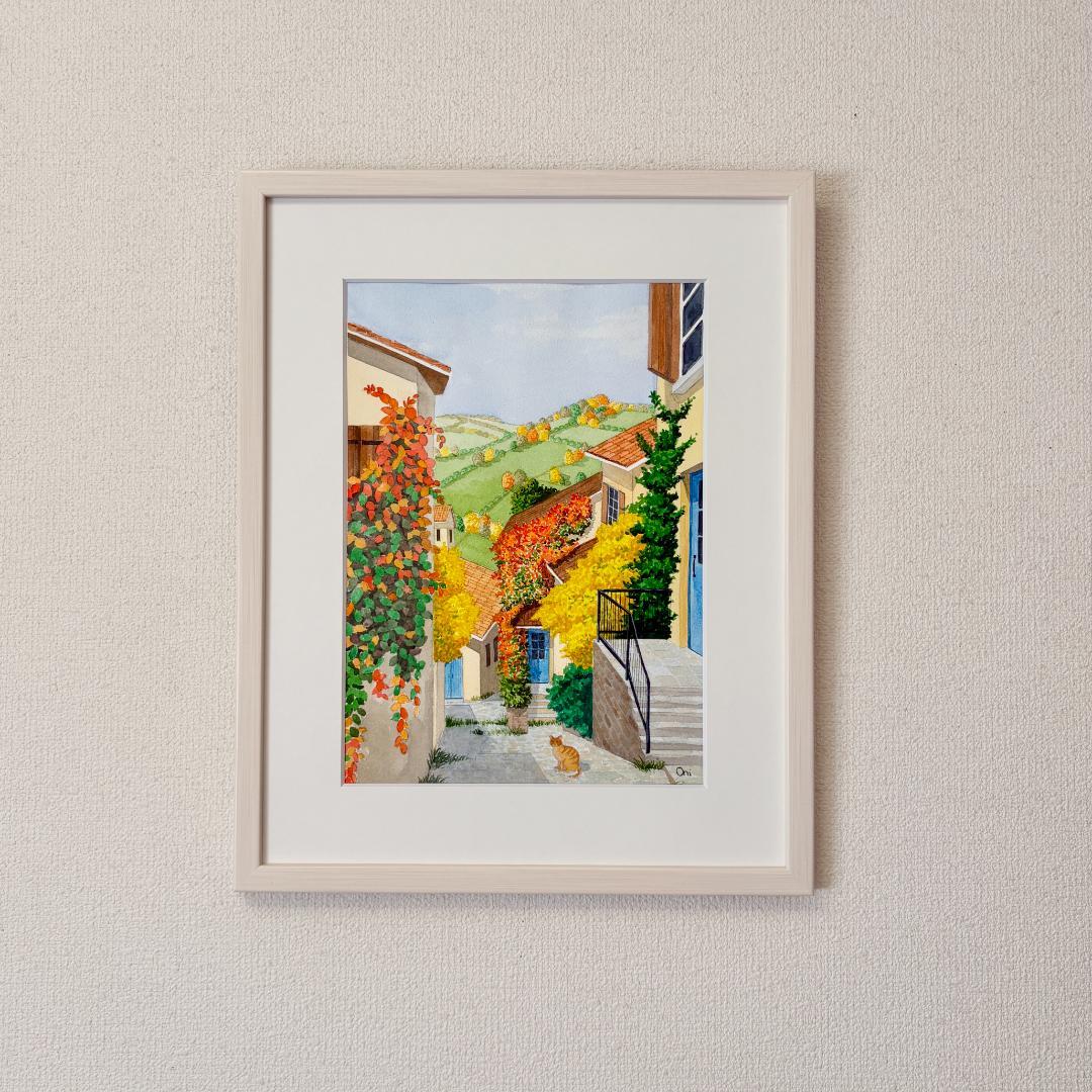 透明水彩画　原画　「オータムヴィレッジ02」額縁付き　F4サイズ　風景画