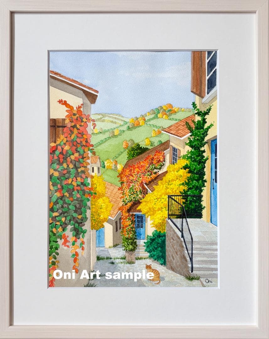 透明水彩画　原画　「オータムヴィレッジ02」額縁付き　F4サイズ　風景画