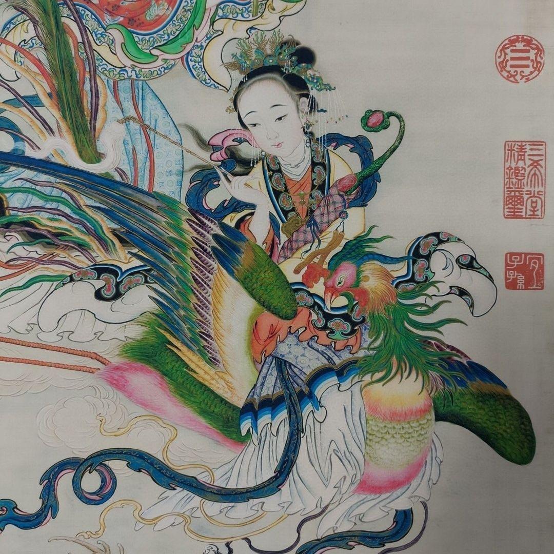 中国画 唐寅 献寿図 中堂 掛け軸／証明書・防偽マーク付き