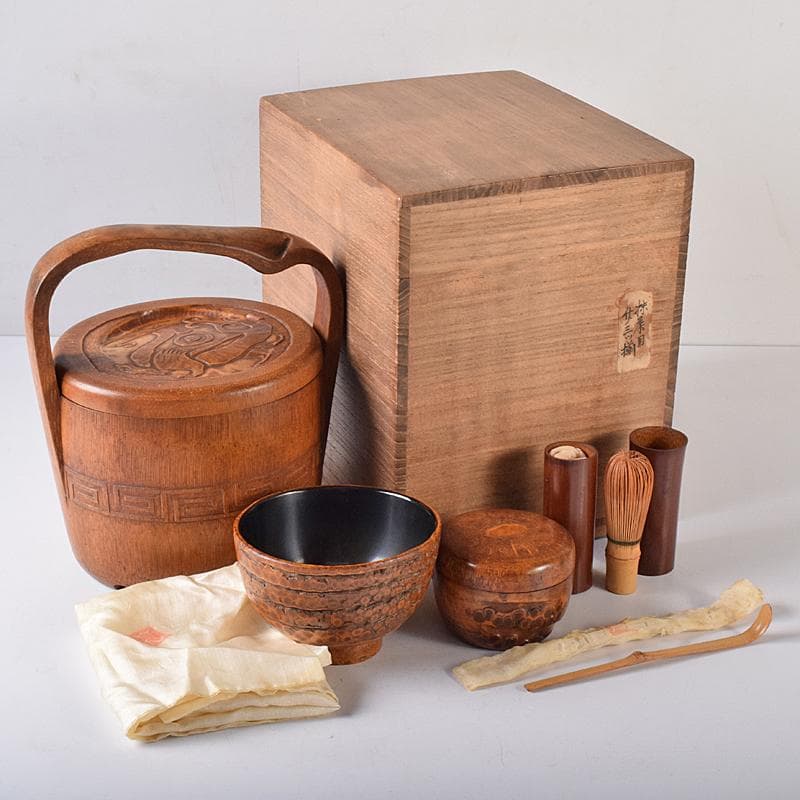 茶道具　中川竹仙作　竹根　持ち手付　抹茶器　茶碗など　六点一式　J　R8300B