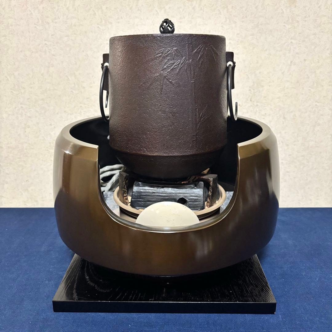 風炉 茶釜 電熱器 唐銅面取風炉 筒釜 野々田製電熱器 敷板 底瓦 茶道具