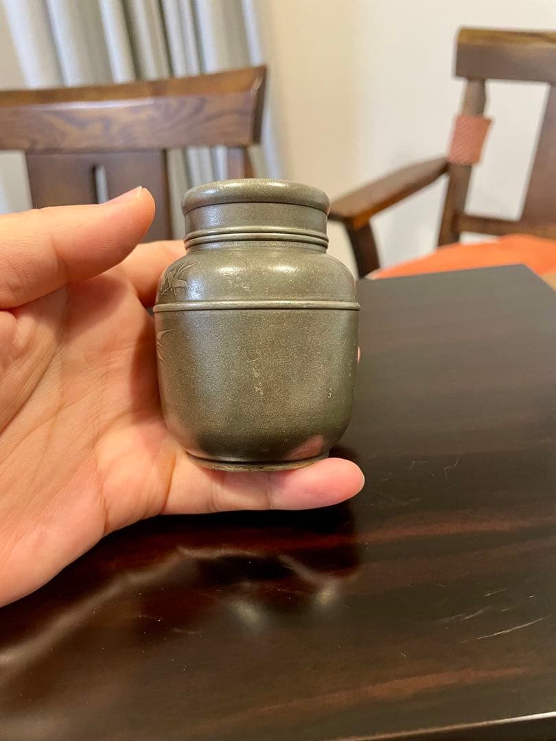 林克瑞製 古錫製 梅竹文茶入 茶壷 茶心壺 煎茶道具 錫茶入　アンティーク