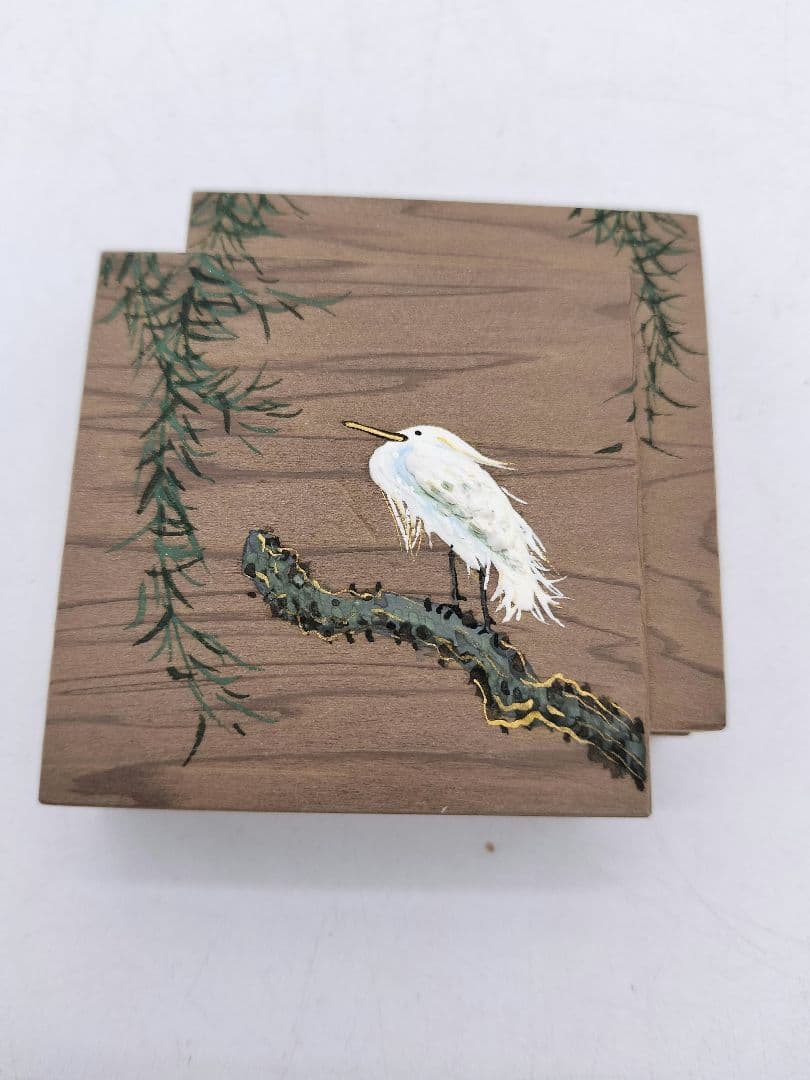 c639 香合 神代杉 鷺に柳 色紙重 中谷秀斉 木箱 茶道具 古物