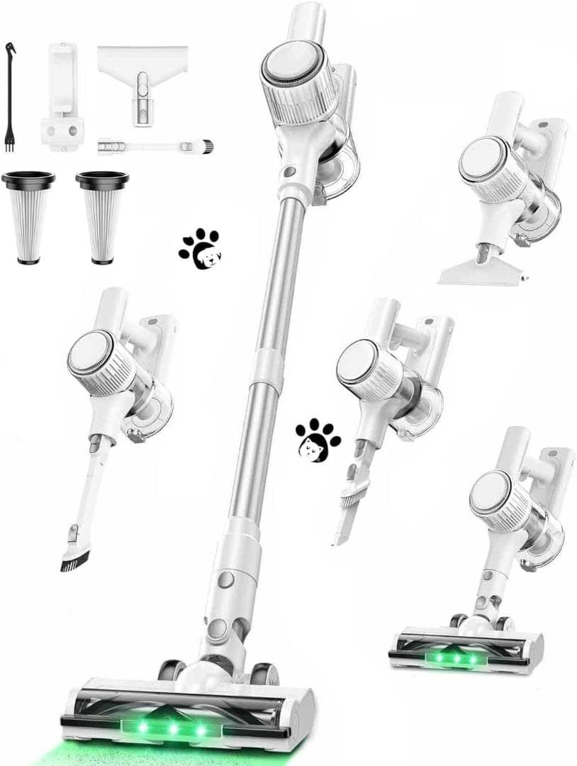 掃除機 コードレス 65Kpa強力吸引 50分連続稼働 グリーンLEDライト 白