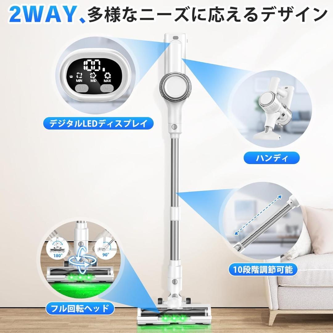 掃除機 コードレス 65Kpa強力吸引 50分連続稼働 グリーンLEDライト 白