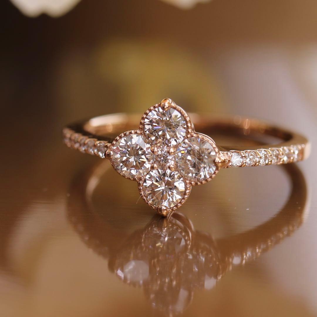 鑑別書付 K18PG 0.71ct四つ葉クローバーミル打ち天然ダイヤモンドリング