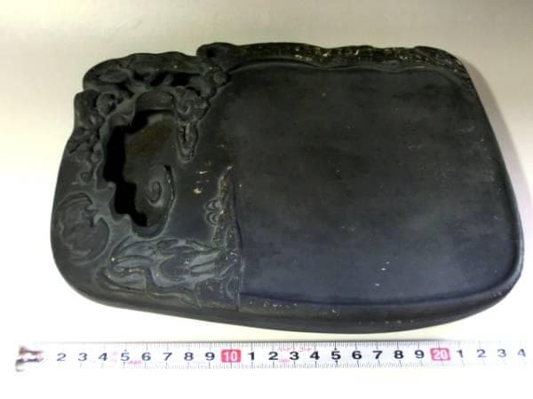 硯●鹿紋 蝙蝠 漢文彫り 松渓里水 大きい古硯石 書道道具 古玩■2.43kg