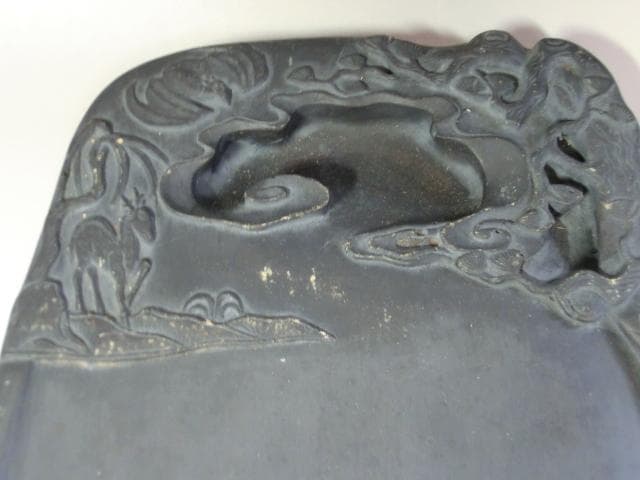 硯●鹿紋 蝙蝠 漢文彫り 松渓里水 大きい古硯石 書道道具 古玩■2.43kg