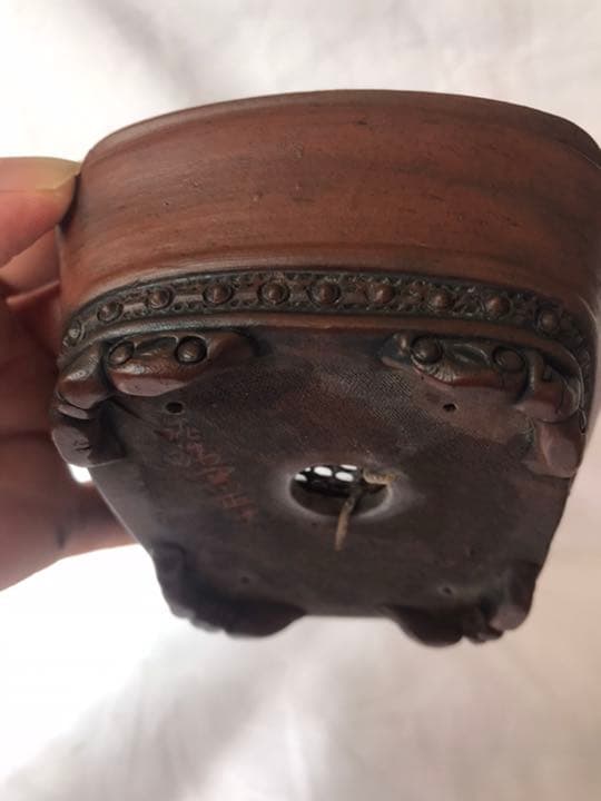 盆栽鉢　希少絶品常滑　泥珠窯正文　紫泥上紐下帯鋲打ち雲脚鉢ミニ盆栽鉢おまけ鉢付き