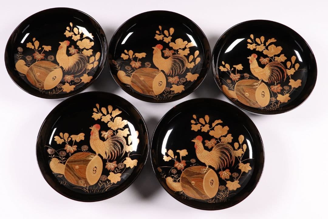 CL37 輪島塗 諫鼓鶏金蒔絵 黒塗椀 五客 木製漆器 鶏 太鼓 草花