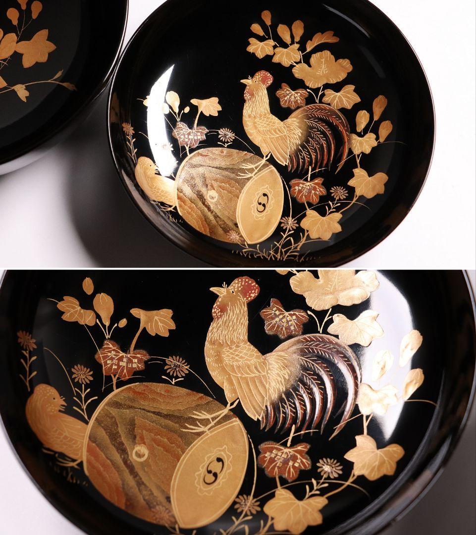 CL37 輪島塗 諫鼓鶏金蒔絵 黒塗椀 五客 木製漆器 鶏 太鼓 草花