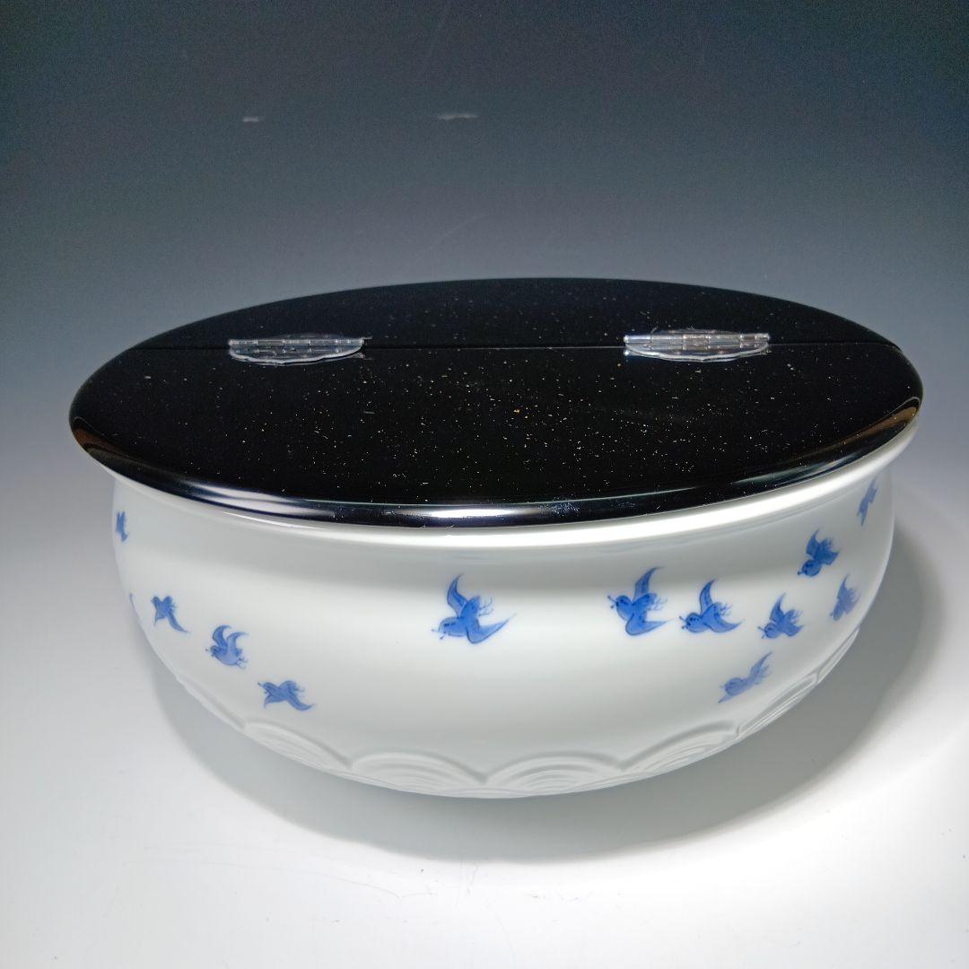 値下げ茶道具　平戸焼　横石嘉助作　白磁染付千鳥平水指　共箱　美品