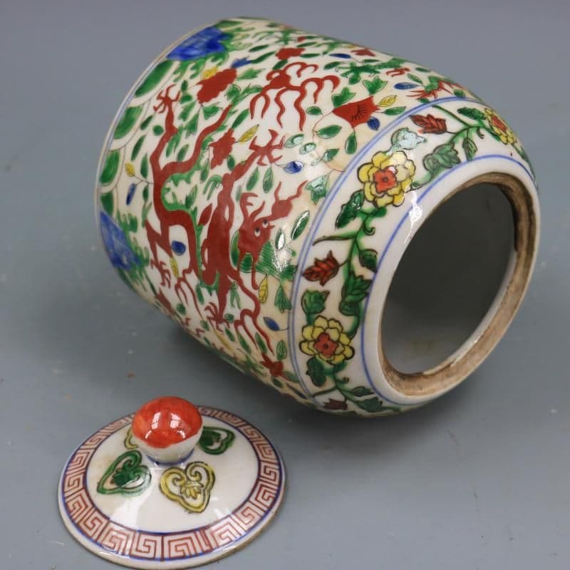 青花五彩着花竜紋蓋缶 景徳鎮 陶磁器 装飾品 現代工芸品 美術品 置物