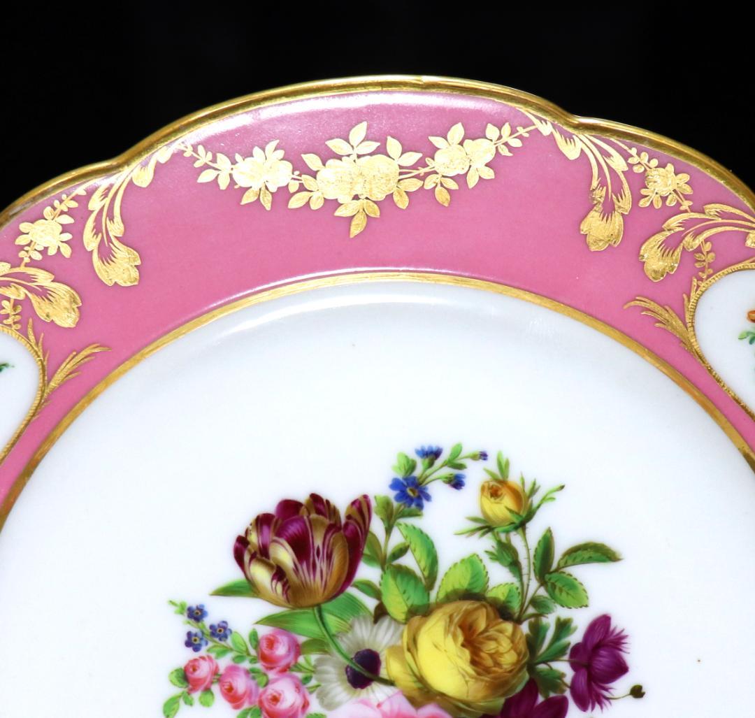 オールド・セーブル 美術館級1786年製淡紅地色絵金彩花文皿ポンパドゥールピンク