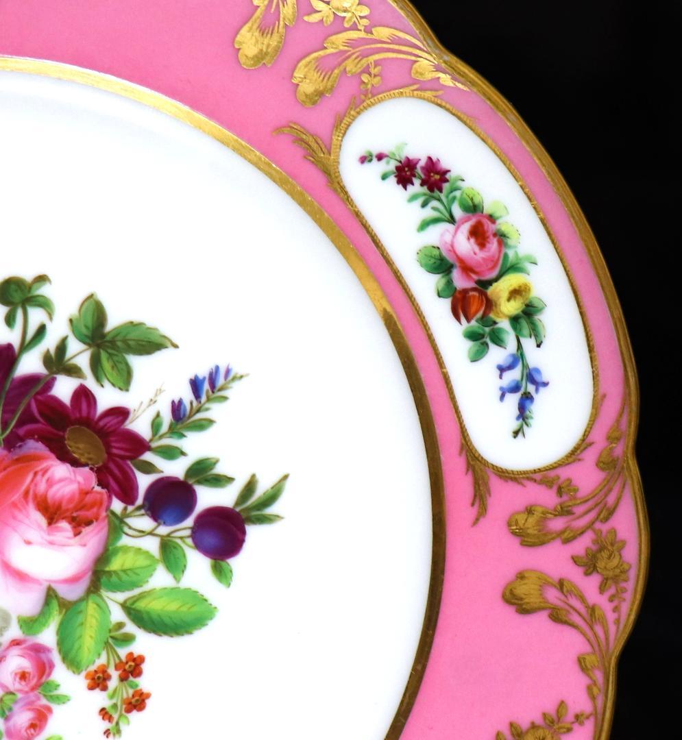 オールド・セーブル 美術館級1786年製淡紅地色絵金彩花文皿ポンパドゥールピンク