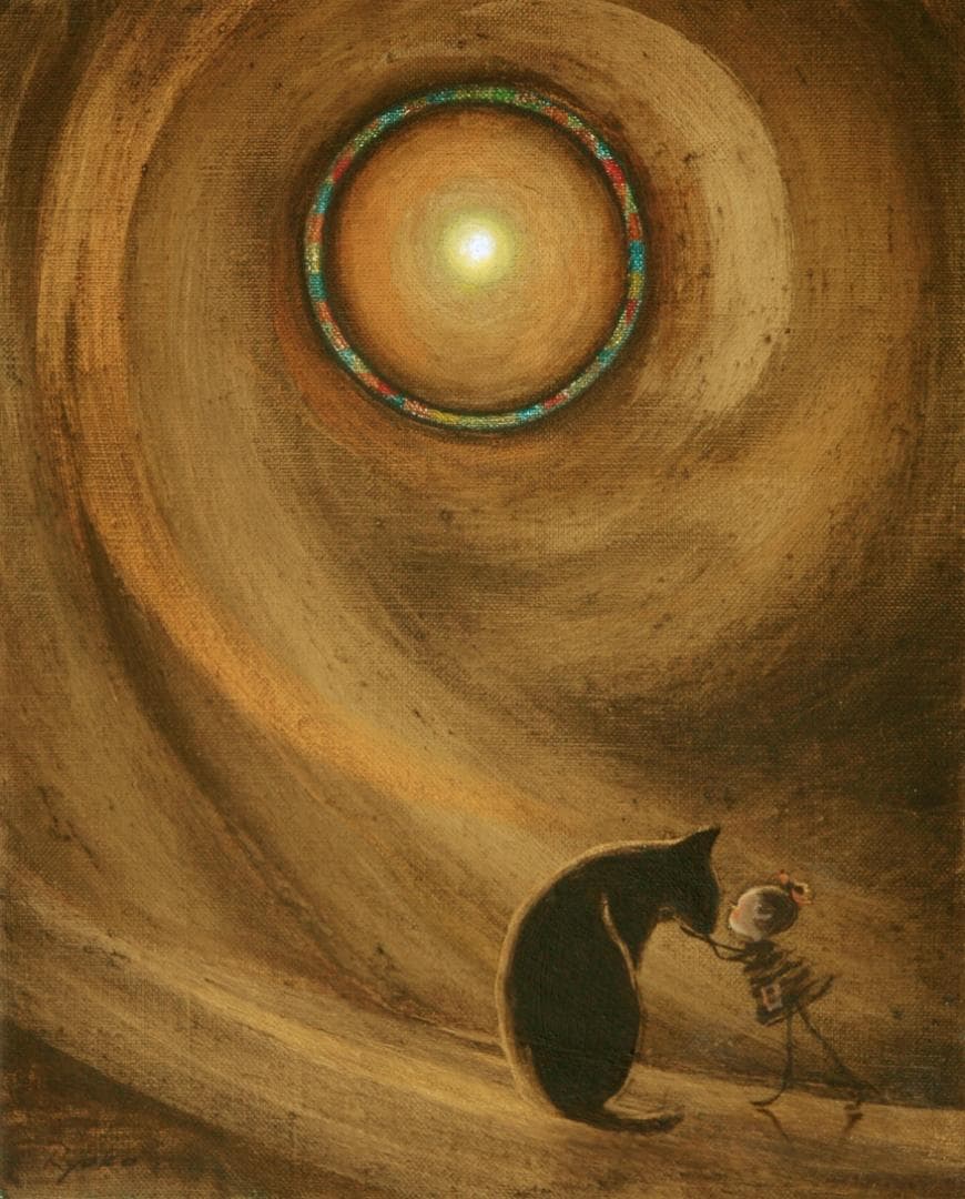 油絵 菅家令子絵 絵画インテリア額付(白) F3-072819 祈り子犬猫女の子