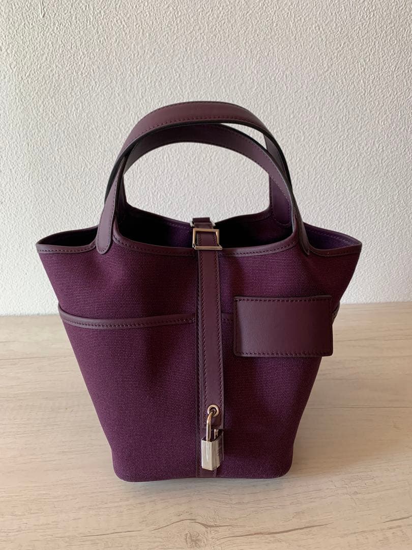 パープル 高級本革 キャンバス トリヨン バケツ キューブバッグ PM