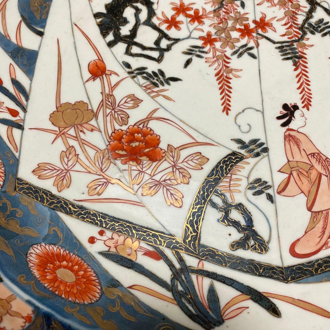 江戸時代　元禄　伊万里色絵窓抜美人花鳥図大飾皿