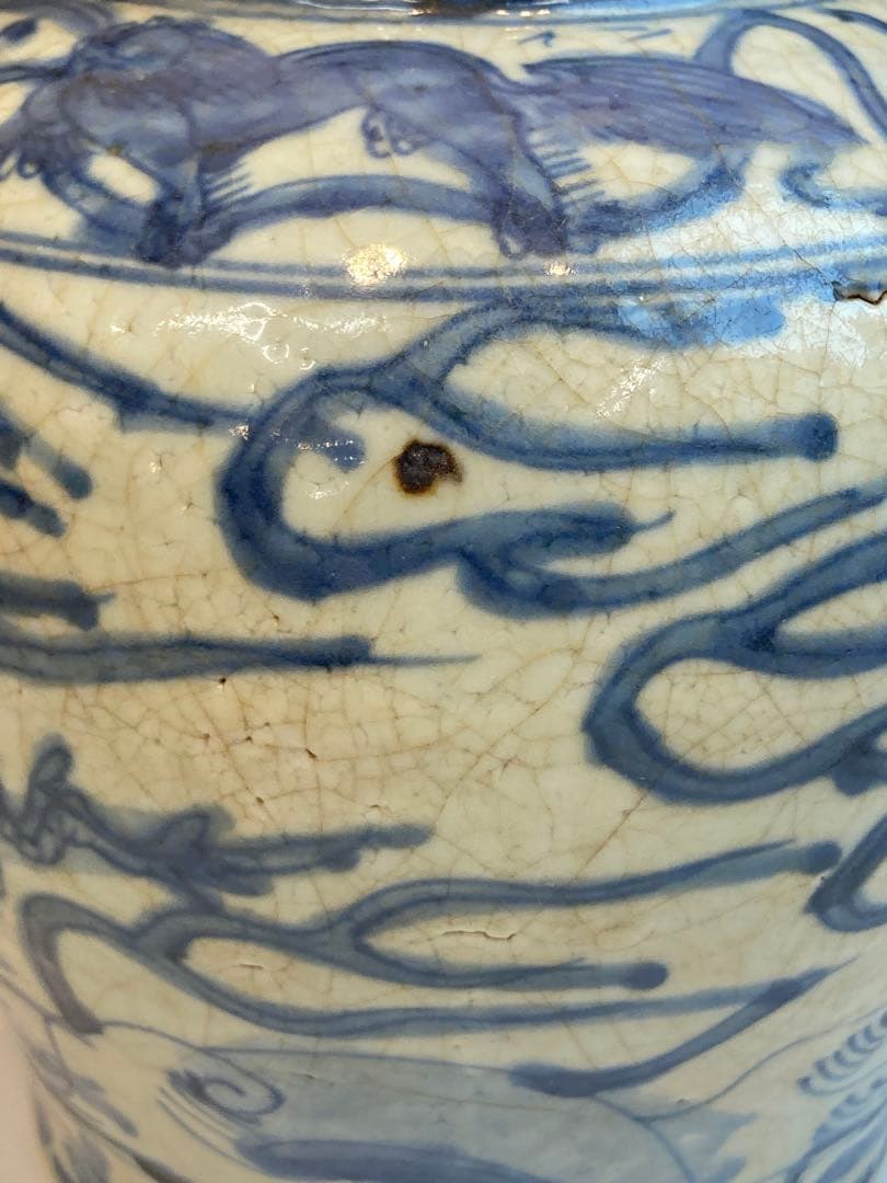 古染付龍獅子紋壷 明時代 中国古陶磁 花瓶