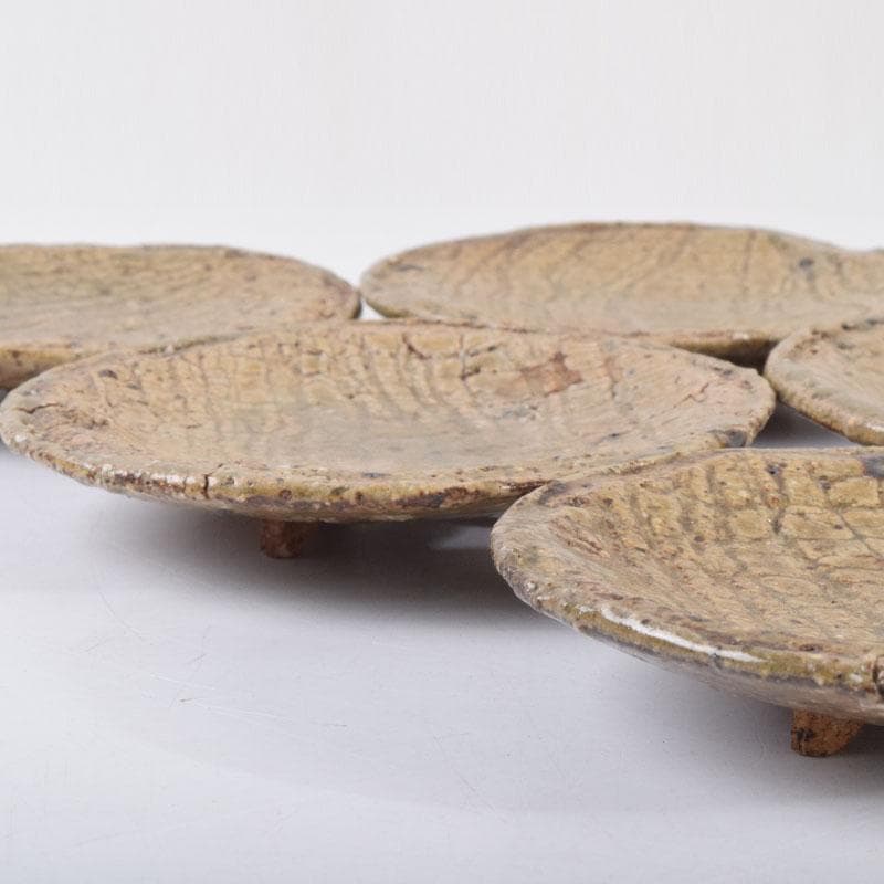 虫明焼　三つ足銘々皿　六客　時代箱　N　8673