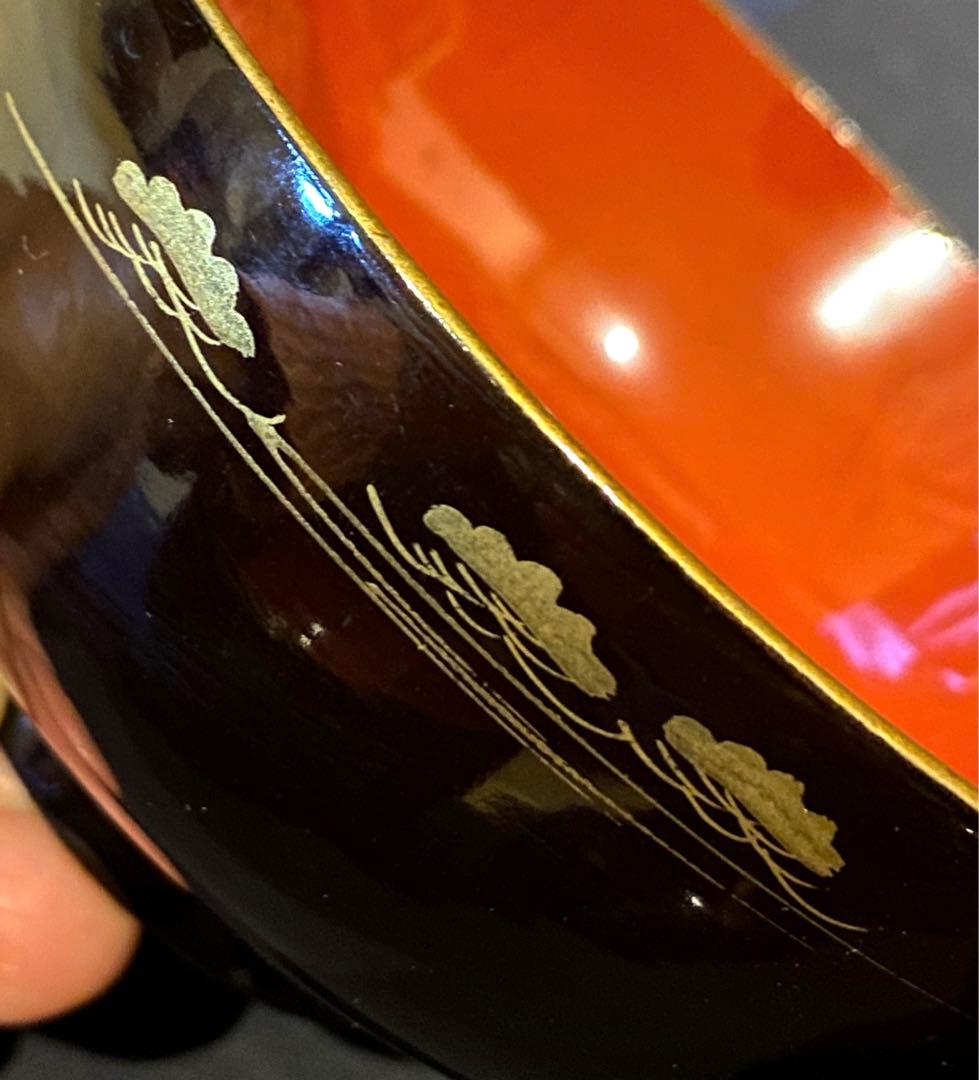 時代物骨董　木製漆器吸物椀七客　蒔絵・黒内朱　源氏物語　松風・葵の上　7客組