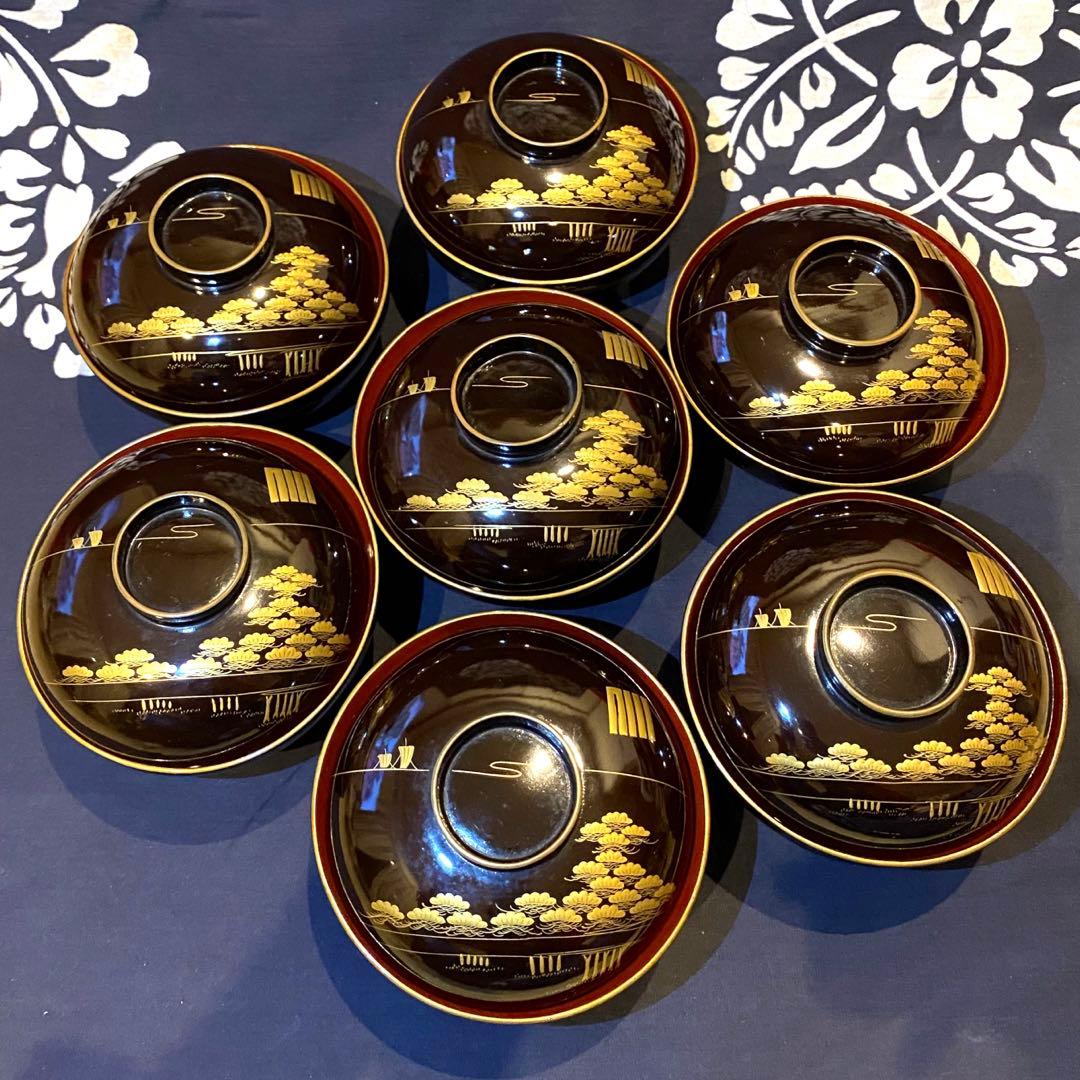 時代物骨董　木製漆器吸物椀七客　蒔絵・黒内朱　源氏物語　松風・葵の上　7客組