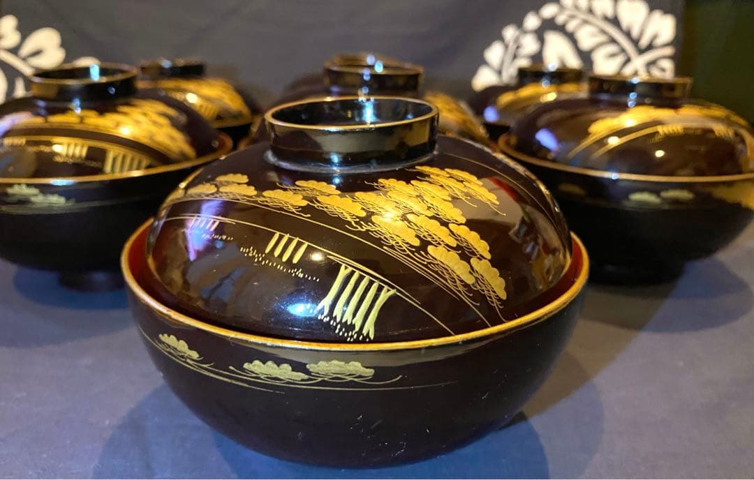 時代物骨董　木製漆器吸物椀七客　蒔絵・黒内朱　源氏物語　松風・葵の上　7客組