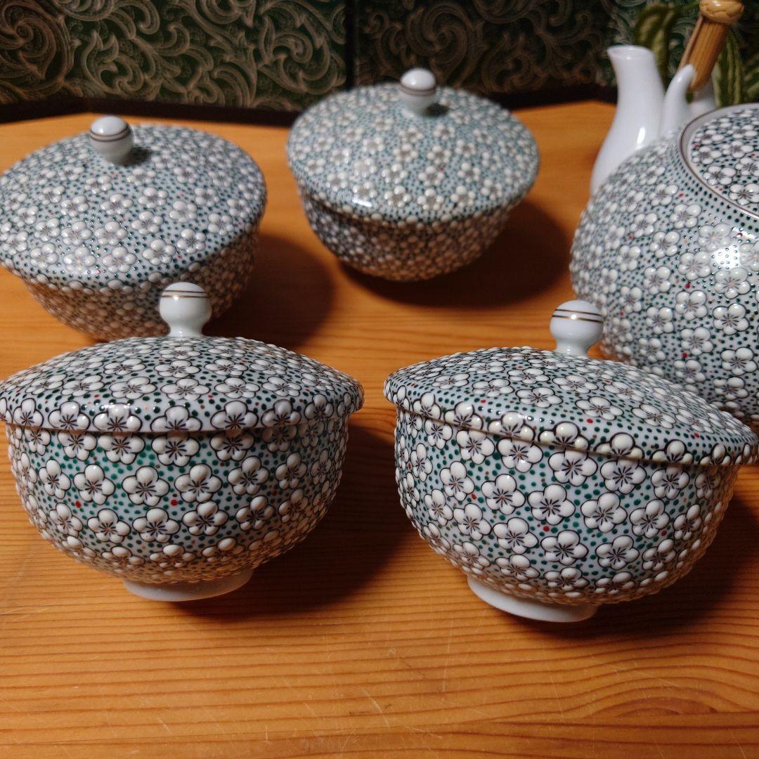 雅秀作 浦川雅秀 有田焼 玉彩 梅詰 茶器揃 急須 蓋付湯呑 4客 計 5点