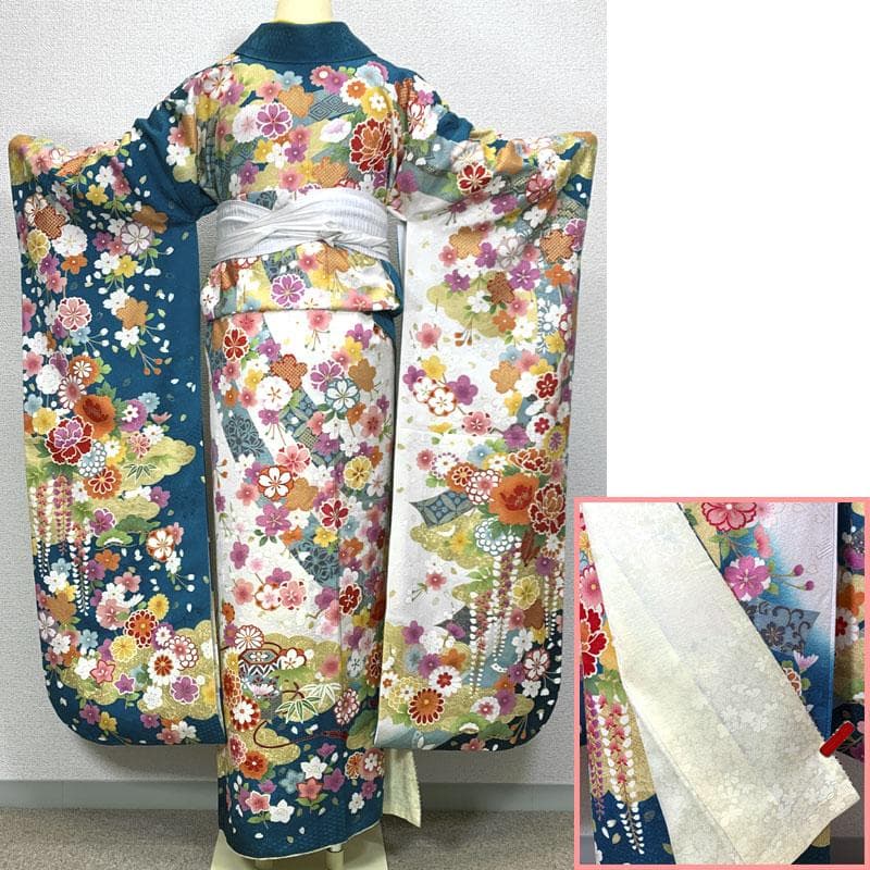 511z37〇銀通し 振袖 古典柄 金駒刺繍 金彩 青緑系〇美品 成人式 結婚式