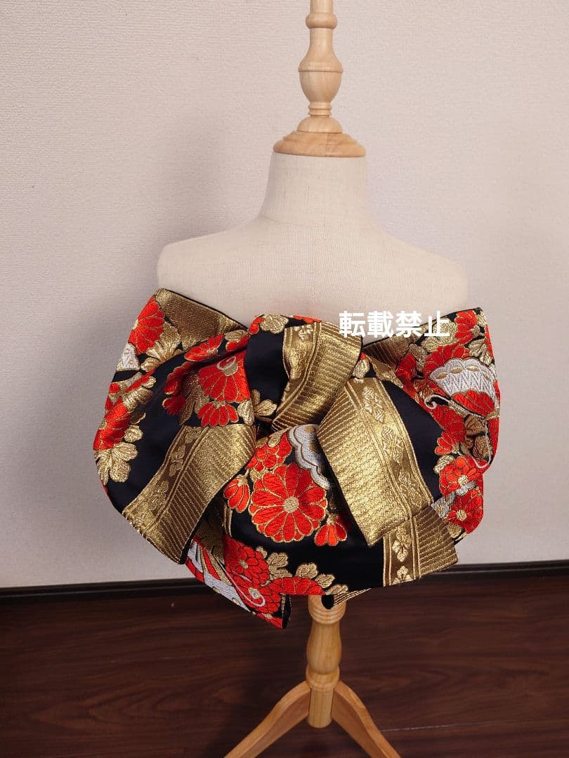 七五三　ジュニア帯　作り帯　蝶柄　黒金赤　一点物