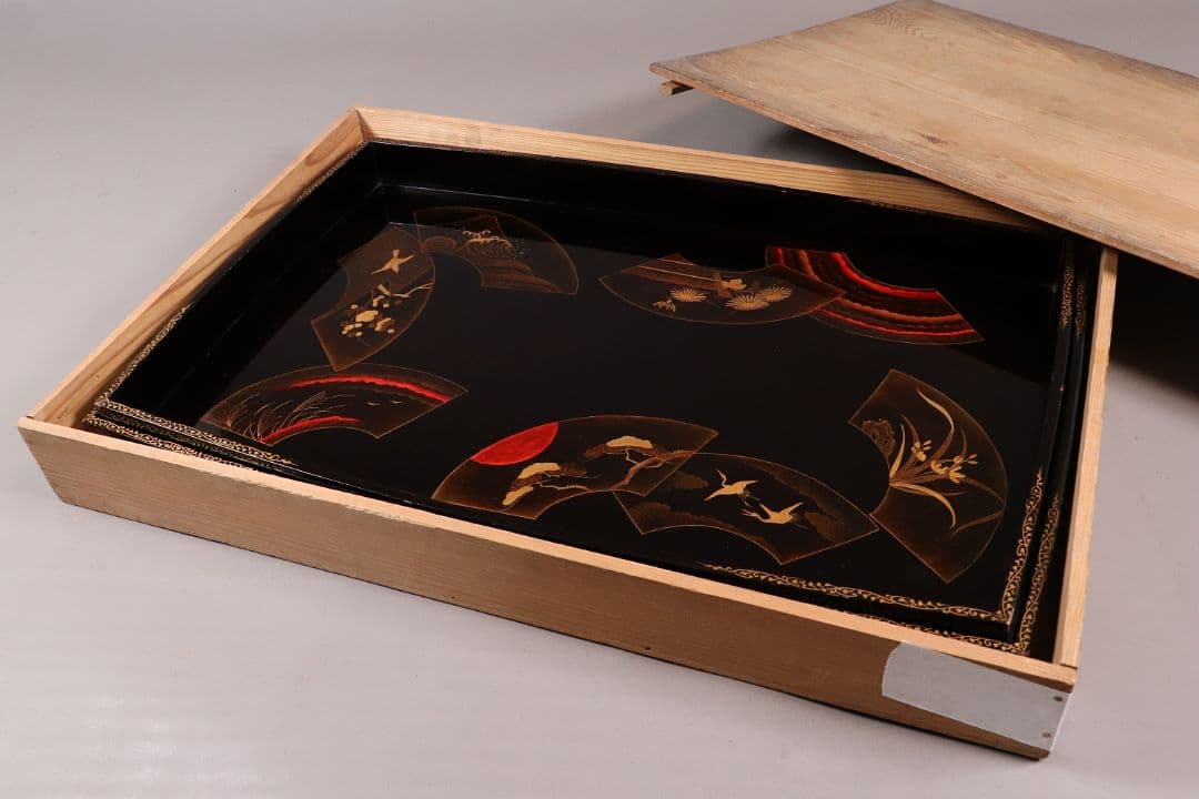 時代 広蓋 二枚組 59.1cm 扇面めでた図蒔絵 長方盆 木製【MA278】