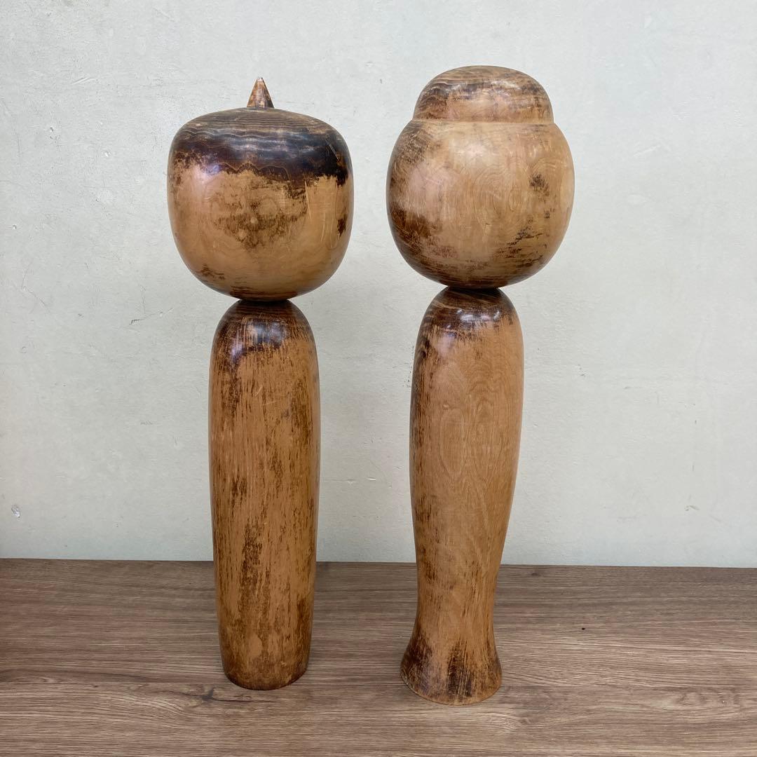 D-3 【味のある経年美】伝統工芸 木製 こけし 2体セット 素地 木地山