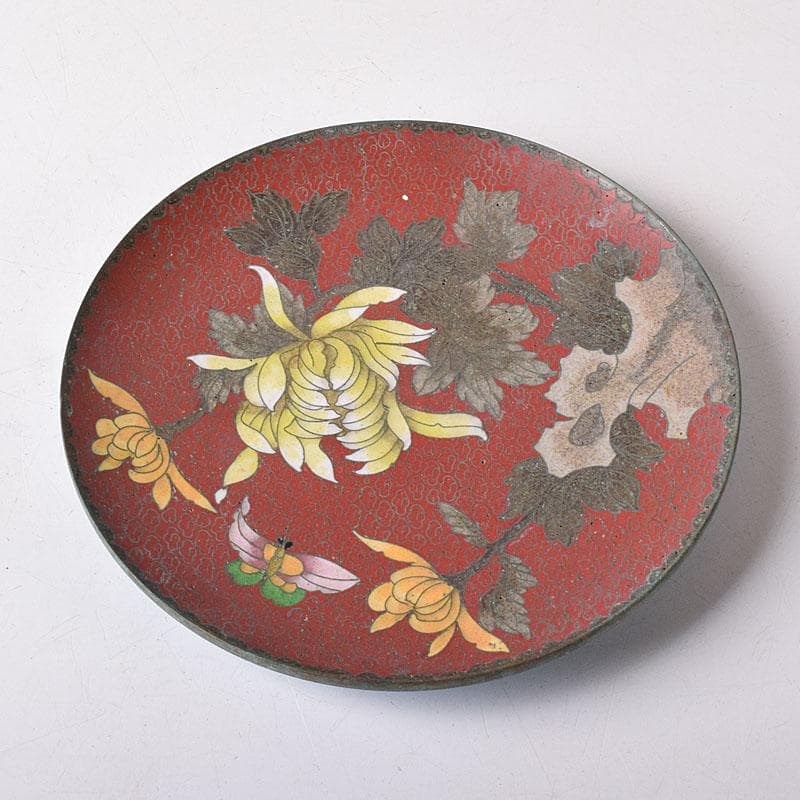 中国　古七宝琺瑯彩　花蝶文盤　皿　V　R8772