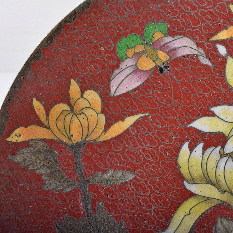 中国　古七宝琺瑯彩　花蝶文盤　皿　V　R8772