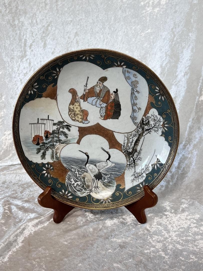 九谷焼青粒金彩割取皿　明治期 松竹紋　双鶴紋　翁紋