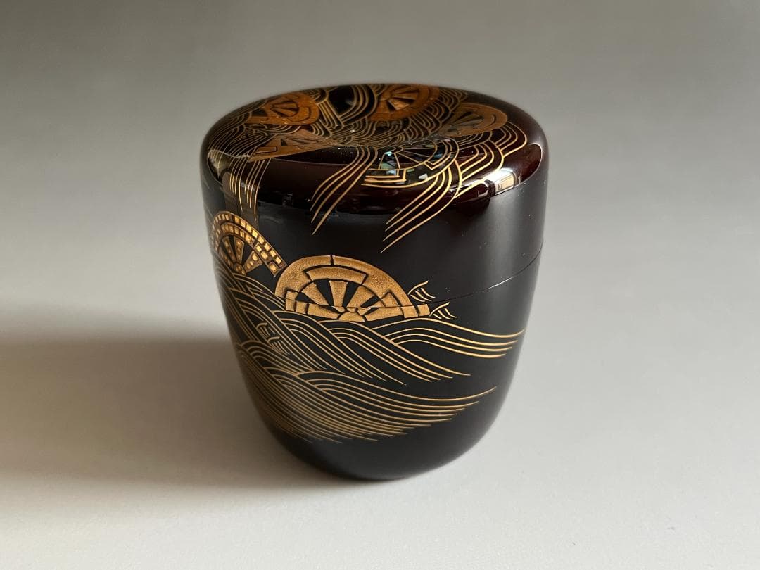 蒔絵師　岡本康光　波車蒔絵　竹大棗　茶道具　薄茶器