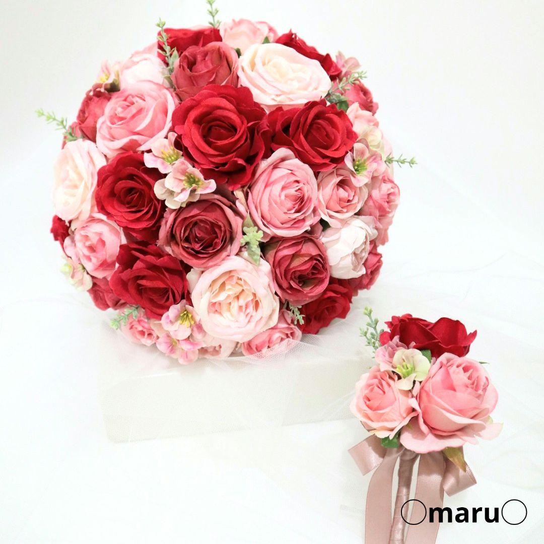 人気❁赤ピンクブーケ・ブートニア2点セット❁結婚式　前撮り