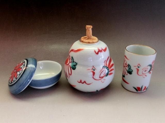 茶箱■利休茶箱 8点セット 京焼 赤絵　刷毛 振出茶入 茶碗 お茶道具 古美術■