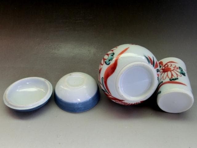 茶箱■利休茶箱 8点セット 京焼 赤絵　刷毛 振出茶入 茶碗 お茶道具 古美術■