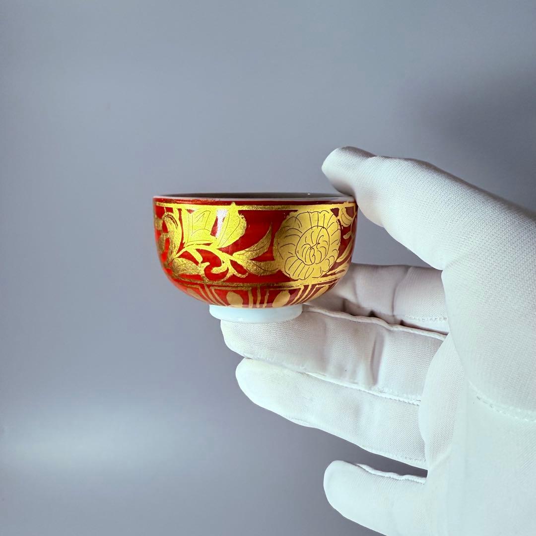 小野珀子　金襴手ぐい吞み　朱杯　玉杯　本物保証　共箱　共布　県重要無形文化財