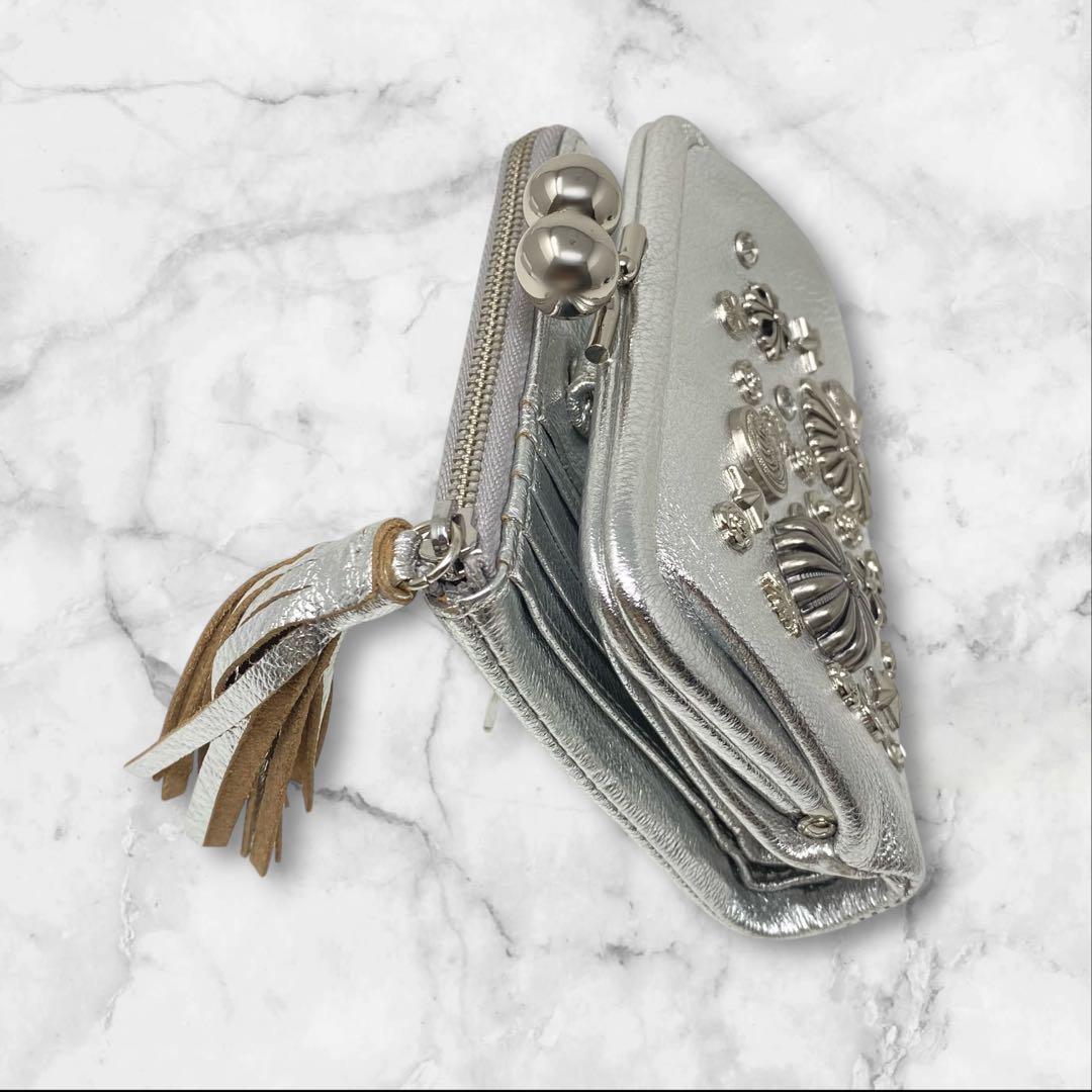 未使用 perche ペルケ マルチスタッズがま口二つ折りウォレット シルバー