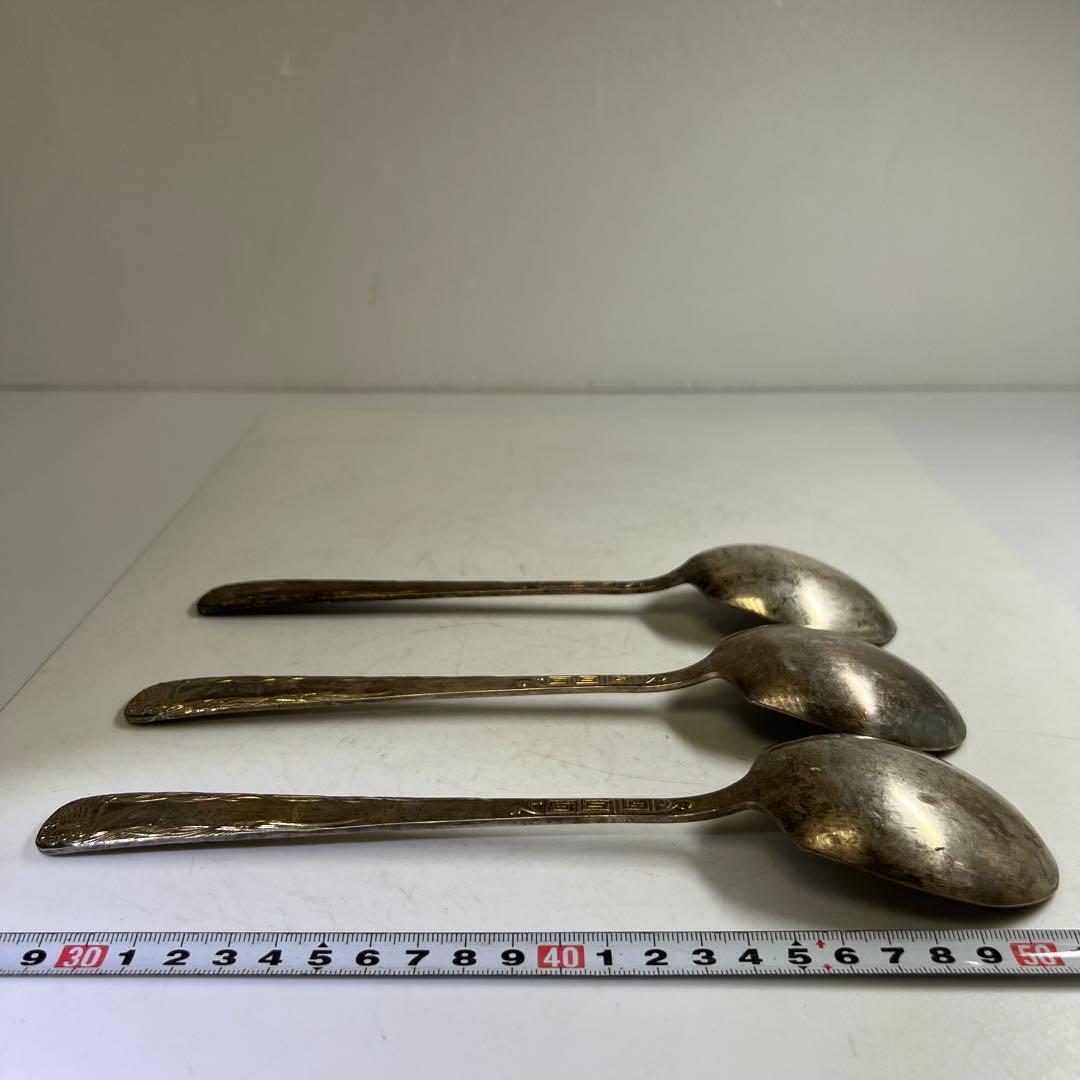 中国古玩　シャム銀　大さじ3点　317g/24.5㎝　東Y7-0630②