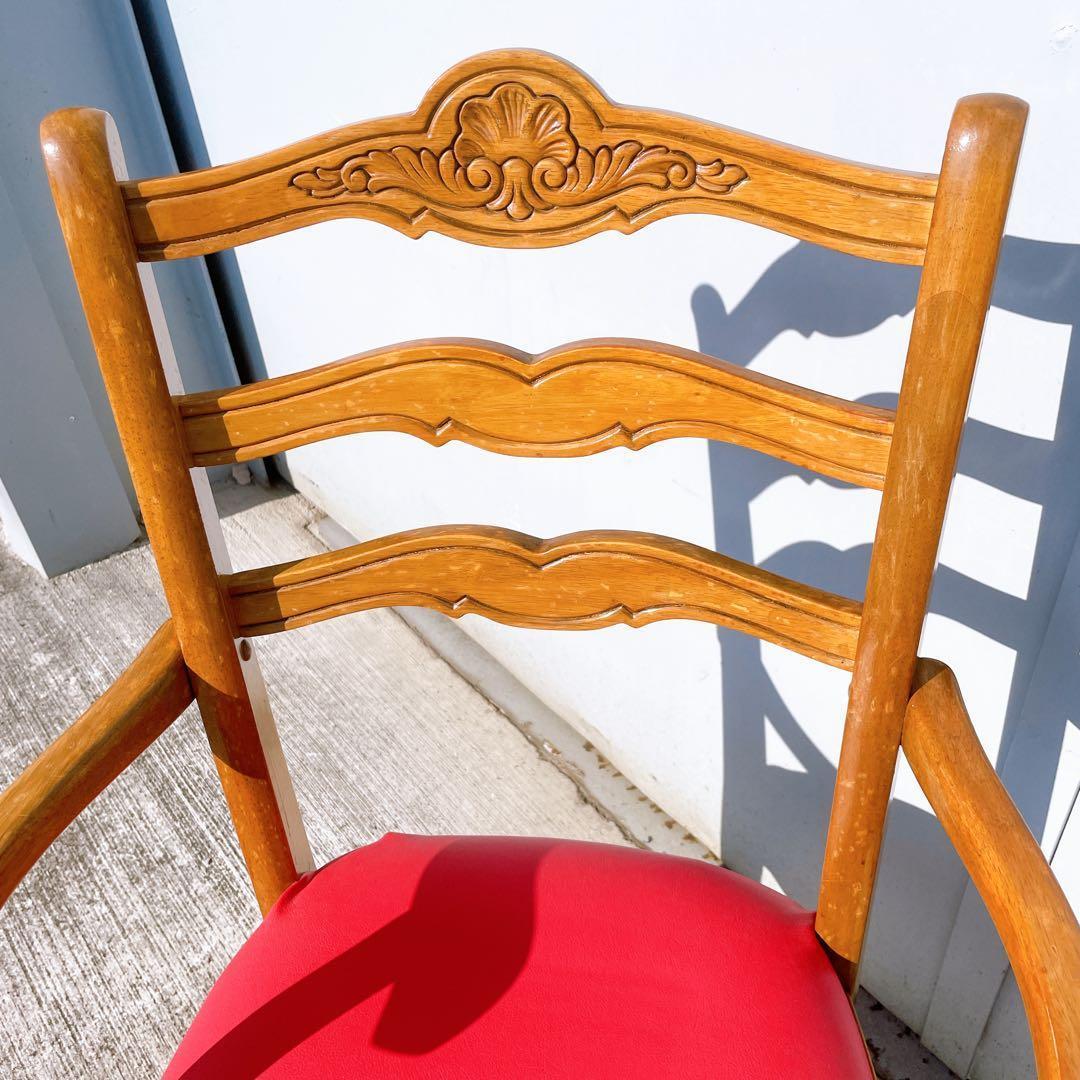 【極美品】フランスアンティーク アームチェア ダイニングチェア 猫脚 赤レザー①