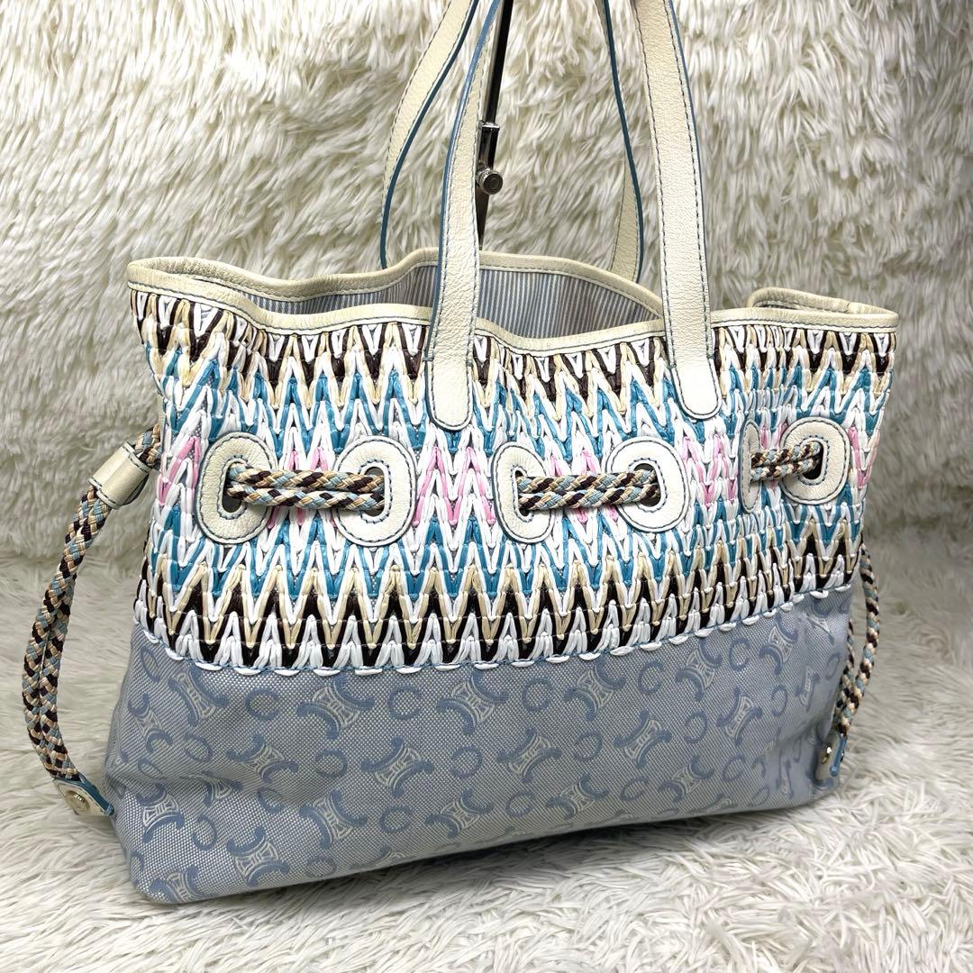 CELINE ハンドバッグ　Cマカダム　ストローハンドバッグ　キャンバス