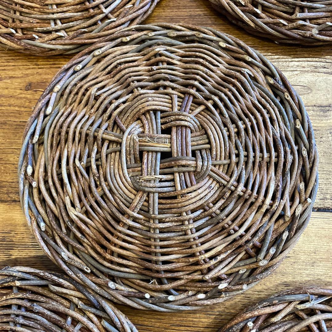 あけび編みプレート工芸品15㎝5枚セット　茶托工芸品蔓あけびかご菓子器銘々皿茶席