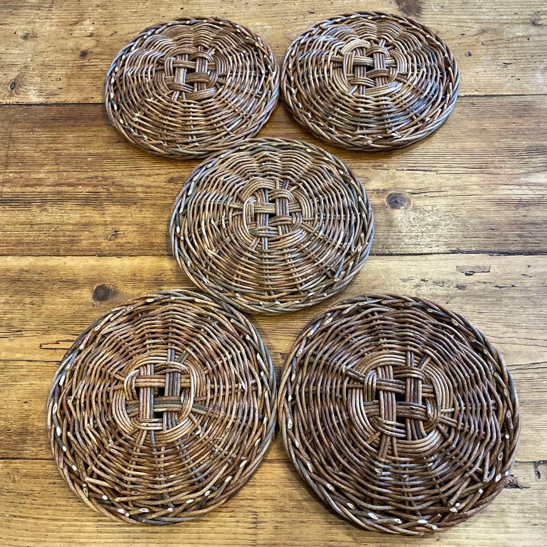 あけび編みプレート工芸品15㎝5枚セット　茶托工芸品蔓あけびかご菓子器銘々皿茶席