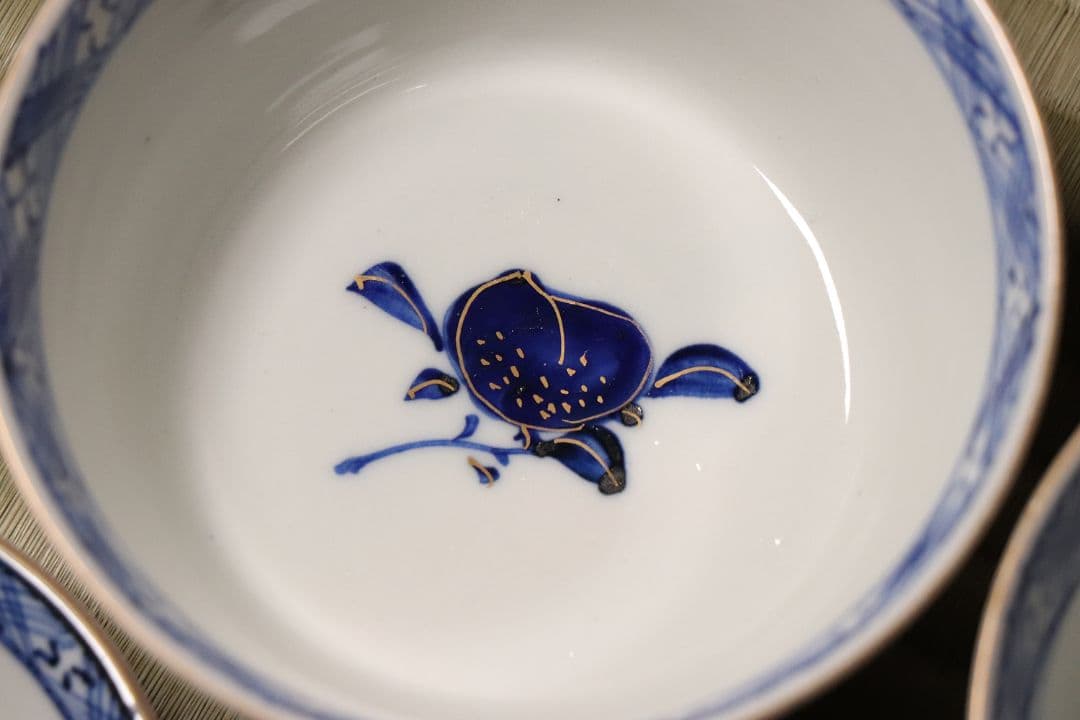 明治期 伊万里焼 冨貴長春 色絵蓋茶碗 五客 牡丹 草花 時代【CM54】