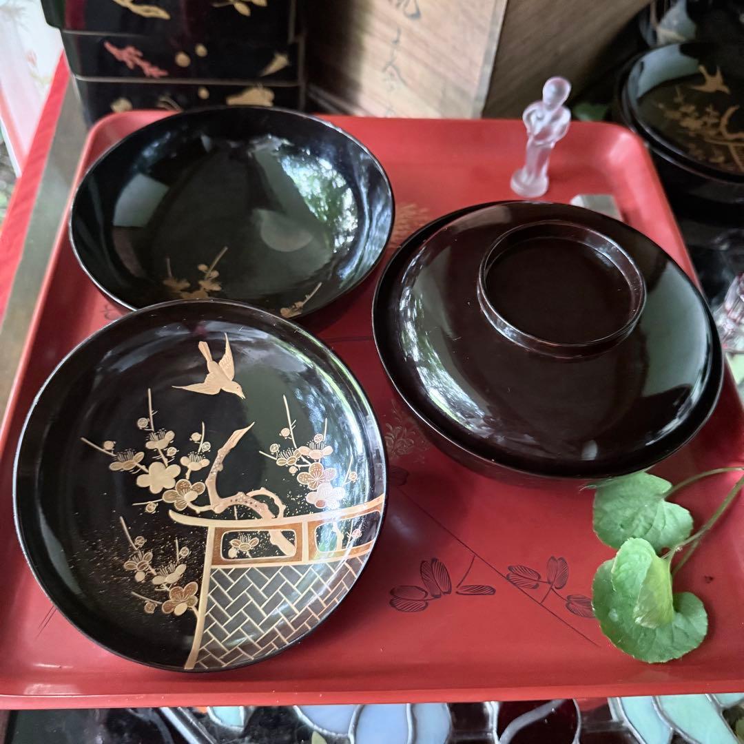 2182様感謝‼️JAPAN明治伏せ蒔絵天然木秘するが花‼️梅に鶯＆月　吸物椀 5客